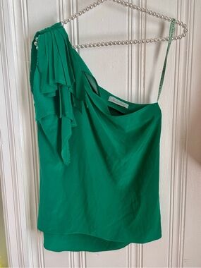 Geren Ford Emerald Green One-Shoulder Ruffle Blouse